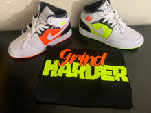 Load image into Gallery viewer, Volt/ Hyper Crimson "Grind Harder" Air Jordan 1 GS | Air Jordan 1s PS | AJ1 Notebook Black Sneaker T-Shirt