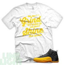 Load image into Gallery viewer, University Gold &quot;Grind and Shine&quot; Air Jordan 12 Black/ White Sneaker Match Shirt
