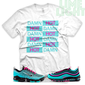 Hyper Turquoise/ Pink Blast "Hot Damn" VaporMax Flyknit 3 White T-Shirt