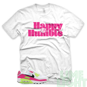 Pink Blast/ Ghost Green "Happy and Humble" Air Max 90 White T-Shirt