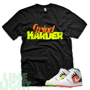 Volt/ Hyper Crimson "Grind Harder" Air Jordan 1 GS  | Air Jordan 1s PS | AJ1 Notebook Black Sneaker T-Shirt