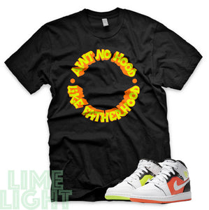 Volt/ Hyper Crimson "Ain't No Hood Like Fatherhood" Air Jordan 1 GS  | Air Jordan 1s PS | AJ1 Notebook Black Sneaker T-Shirt